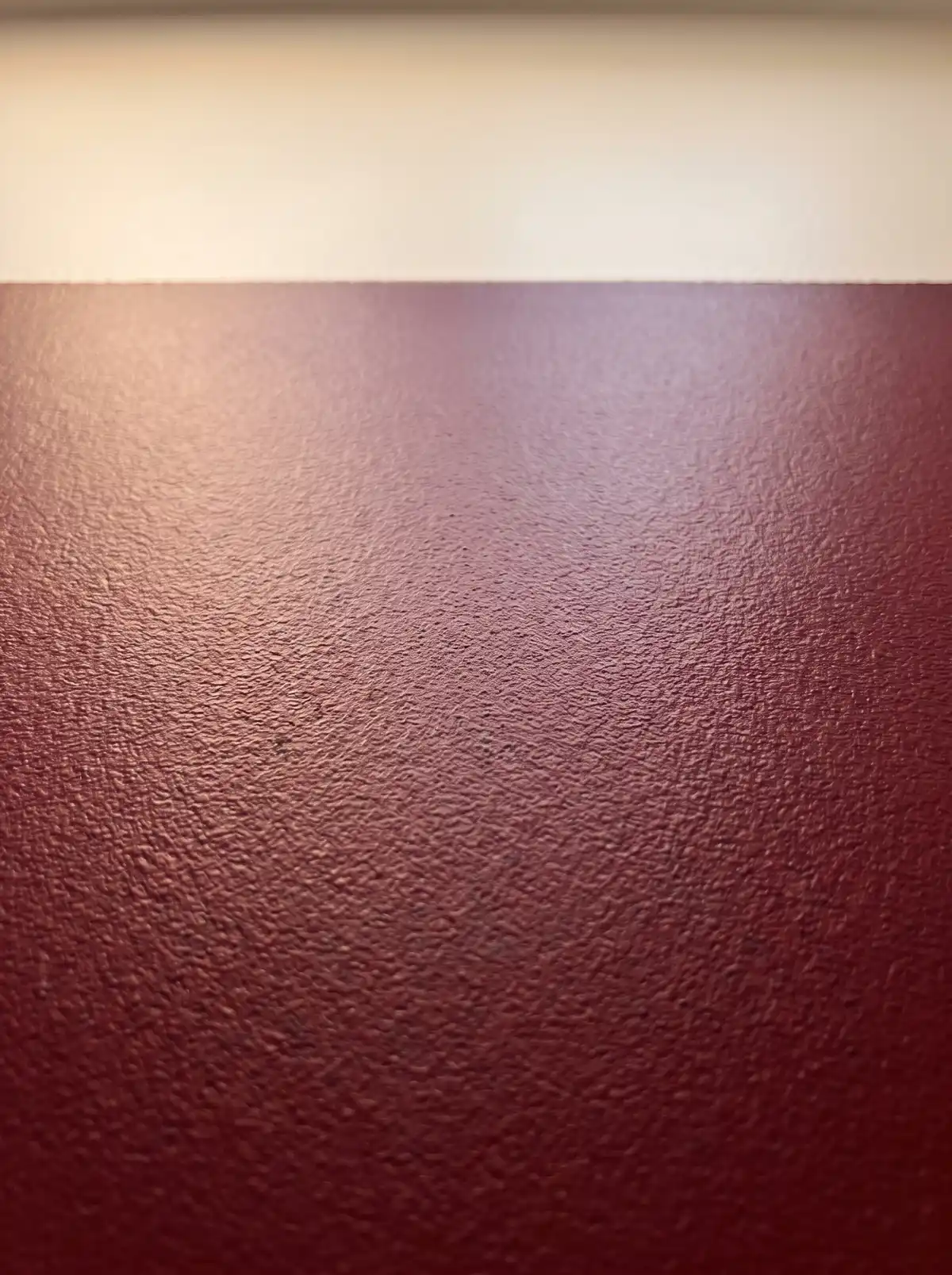 Close-up of a wet, deep red-painted wall with visible roller-nap texture, meeting a clean straight cut-in line where the color meets a pale, unpainted surface above.